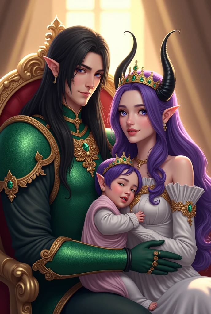 Male human, long straight black hair, wearing armor full of jewels (emeralds) and a crown with emeralds, RAF blue eyes, with a serious look, standing next to his wife, Woman elf with purple hair, with black horns, lavender fantasy skin, fuchsia pink eyes (medieval style queen clothes and sparkly crown), elegant pose, looking at camera, sitting in elegant chair, holding one  male human baby, pu hair, color eyes RAF blue, in prince's clothes, hugging his mother, detailed, daytime, sun rays, ultra detailed photography, 4k quality lighting, high resolution, masterpiece, anime style.