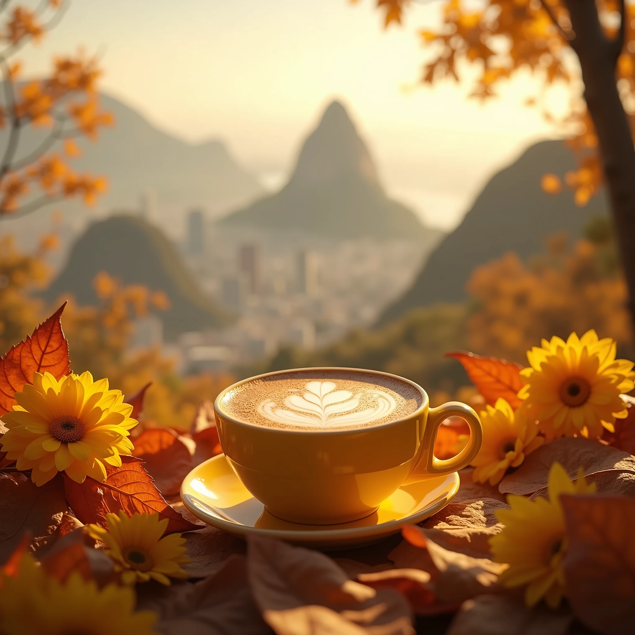 a small yellow latte cup,autumn leaves,yellow flowers,Christ the Redeemer,Rio de Janeiro city,photorealistic,highly detailed, intricate details,cinematic lighting,dynamic composition,vibrant colors,warm tones,atmospheric haze,depth of field,Create a ultra-realistic image of a small, unparalleled yellow latte cup adorned with autumn leaves and yellow flowers scattered around. Christ the Redeemer overlooking Rio de Janeiro city, A small yellow latte cup, autumn leaves, yellow flowers, Christ the Redeemer overlooking Rio de Janeiro cityscape, realistic, photorealistic, masterpiece, highly detailed, intricate details, warm lighting, vibrant colors, soft focus, atmospheric, serene, tranquil