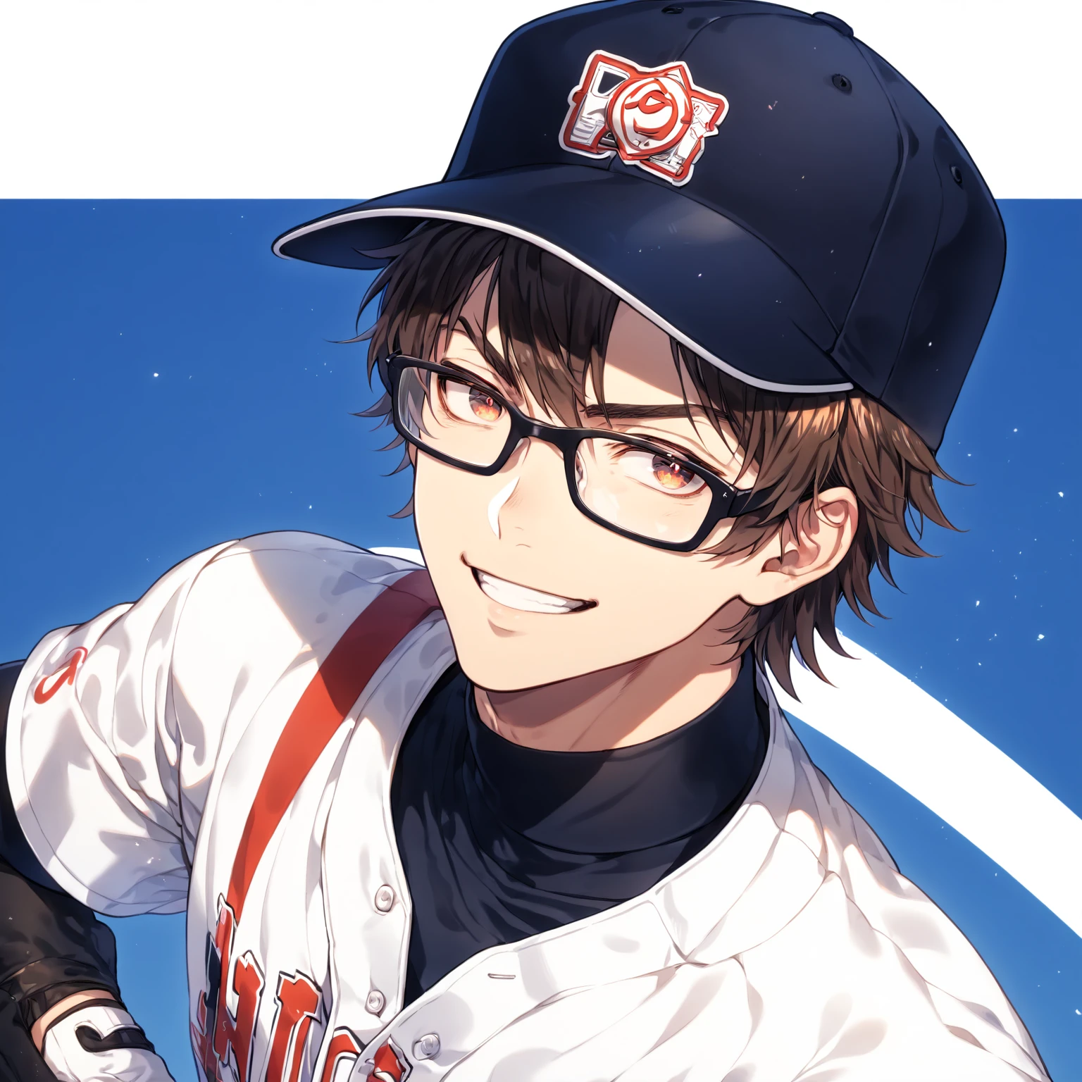 absurdres, highres, ultra detailed, HDR, master piece, Miyuki Kazuya, brown hair, expressive amber eyes, black glasses, white baseball uniform, Diamond No Ace, sexy man, handsome, best quality, fantasy, magical, solo, sensual, stadium, blue sky, handsome smile, manly man, black gloves,