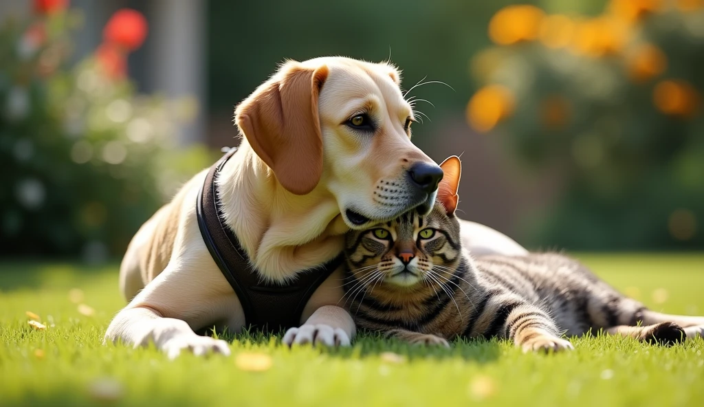 An ultra-realistic image of an elderly Labrador Retriever and a senior Tabby cat sitting together on a grassy lawn. The Labrador has a silver muzzle and is wearing a comfortable harness, while the cat has a slight tilt to its ears, indicating age. The scene is set on a bright, sunny day with a garden in the background, photorealista, 8K, (melhor qualidade,4K,8K,alta resolução.
