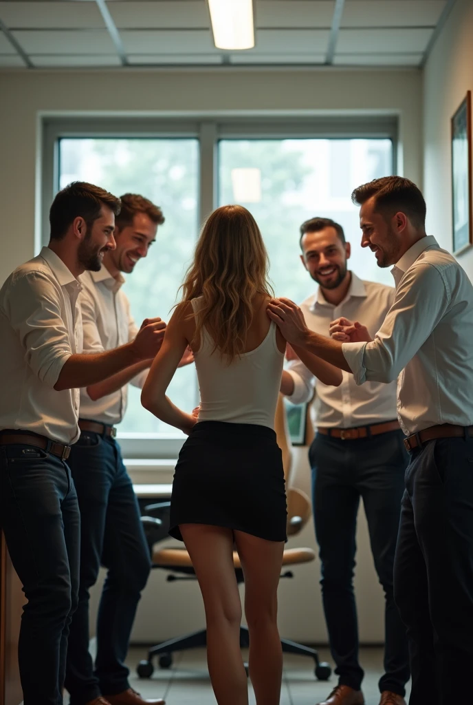Female manager in short skirt bending over desk. Several men trying to rip her clothes off