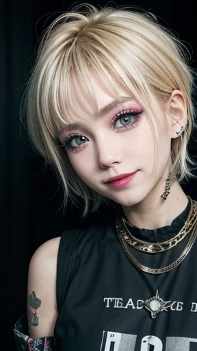 Short hair、Light Hair Color、Highest quality、Highest quality、cute、ハードrock、punkrock、Wacky makeup、Heavy makeup、Unconventional Fashion、cool、rock、Band Girls、punk、cool、smile、cool