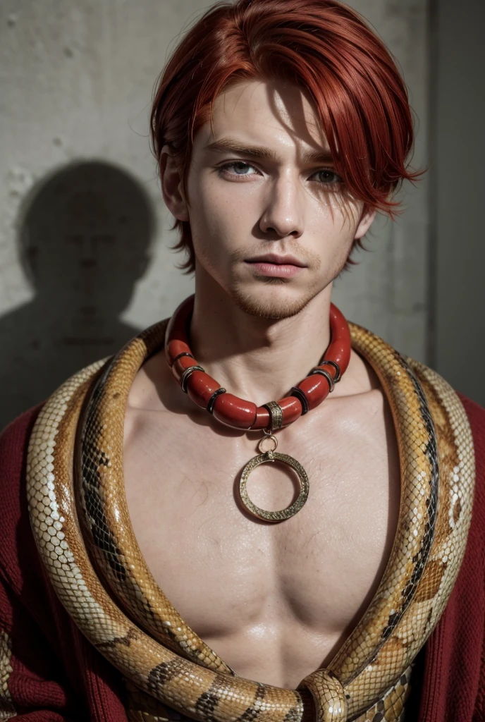 Red-haired man with short straight hair, he has a snake around his neck 