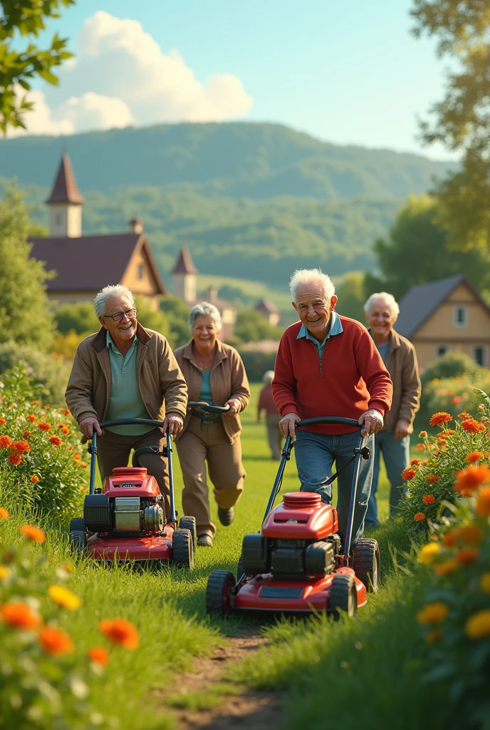 Many cheerful old people working together、A rural scene where everyone is actively working with lawnmowers