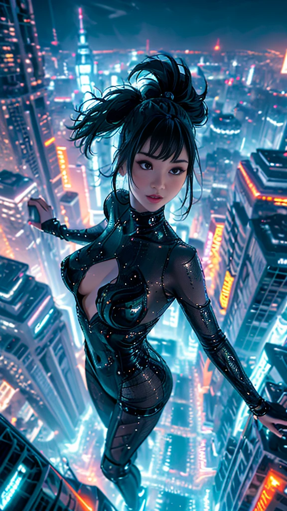(ultra-detailed, masterpiece:1.2), extremely detailed artwork, best quality, high-resolution, hyper-realistic:1.37, attractive girl, breathtaking leap, background cityscape, realistic lighting, vibrant colors, elegant dress, flowing hair, graceful posture, mesmerizing expression, captivating eyes, delicate facial features, dynamic movement, bustling streets, towering skyscrapers, busy traffic, glowing neon signs, vibrant city life, breathtaking urban scenery, intricate architectural details, vivid city lights, bustling city ambiance, bustling streets, modern cityscape, urban energy