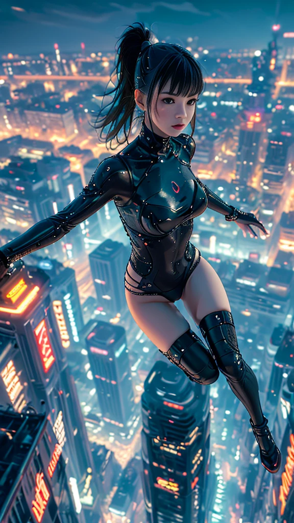 (ultra-detailed, masterpiece:1.2), extremely detailed artwork, best quality, high-resolution, hyper-realistic:1.37, attractive girl, breathtaking leap, background cityscape, realistic lighting, vibrant colors, elegant dress, flowing hair, graceful posture, mesmerizing expression, captivating eyes, delicate facial features, dynamic movement, bustling streets, towering skyscrapers, busy traffic, glowing neon signs, vibrant city life, breathtaking urban scenery, intricate architectural details, vivid city lights, bustling city ambiance, bustling streets, modern cityscape, urban energy