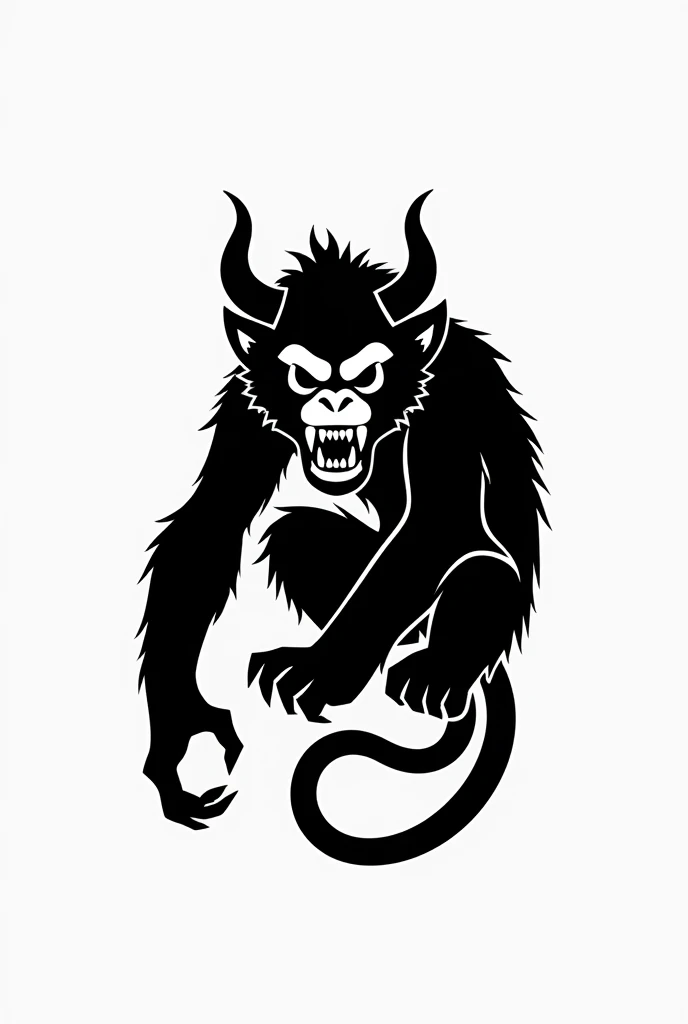 Generate a logo for a clothing brand called BAD MONKEY. I want the logo to be a silhouette of a monkey with devil horns and a devil tail., that the monkey looks aggressive and imposing, only if it is black and white