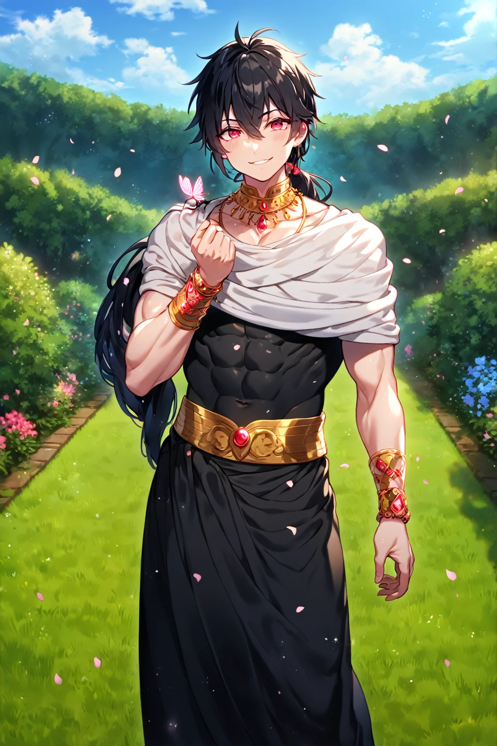 absurdres, highres, ultra detailed, HDR, master piece, best quality, extremely detailed, detailed face, detailed eyes, Judar, black hair, segmented long low ponytail, expressive red eyes, Magi: The Labyrinth Of Magic, solo, sexy man, handsome, smile, manly man, sensual, Indian white chunnari around his shoulders, small short-sleeved black midriff-baring choli, black Indian pants, golden necklace with a ruby, golden bracelets, garden, cherry blossoms, pink petals, pink flowers, pink butterflies, blue sky, fantasy, magical