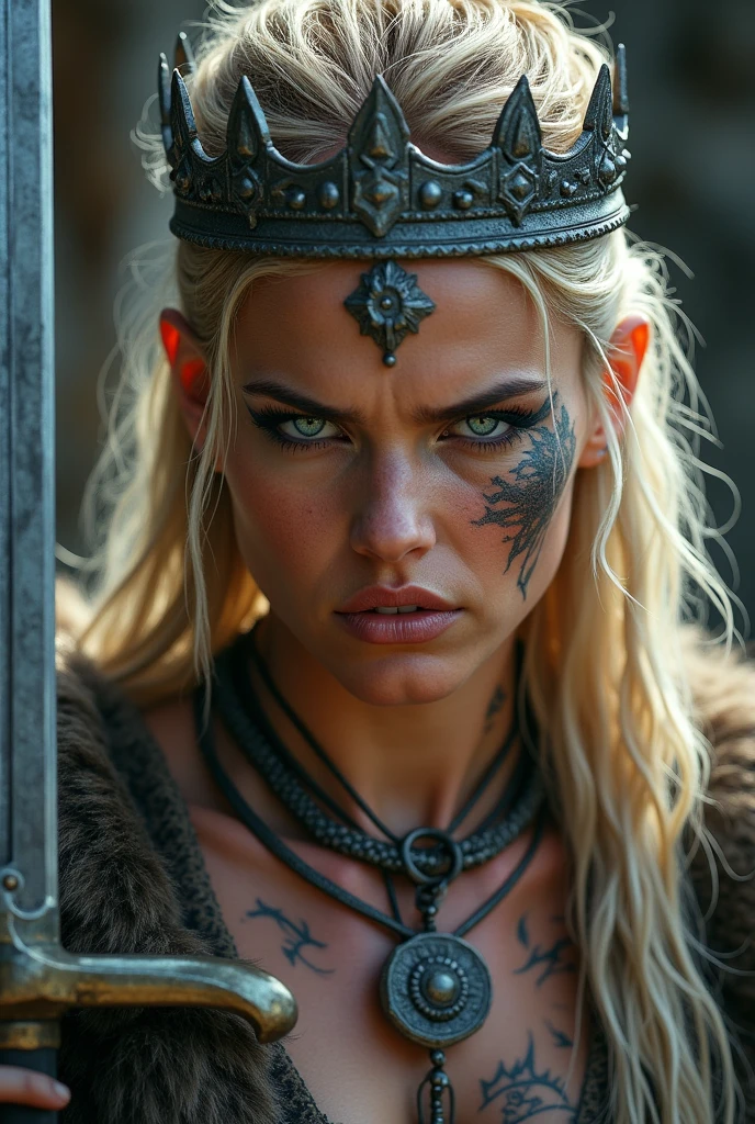 Viking warrior close-up , sword in hand, blonder woman, blue eyes ,queen crown on head , necklace on the neck, sword near the face ,tattooed face, Angry, eye makeup
