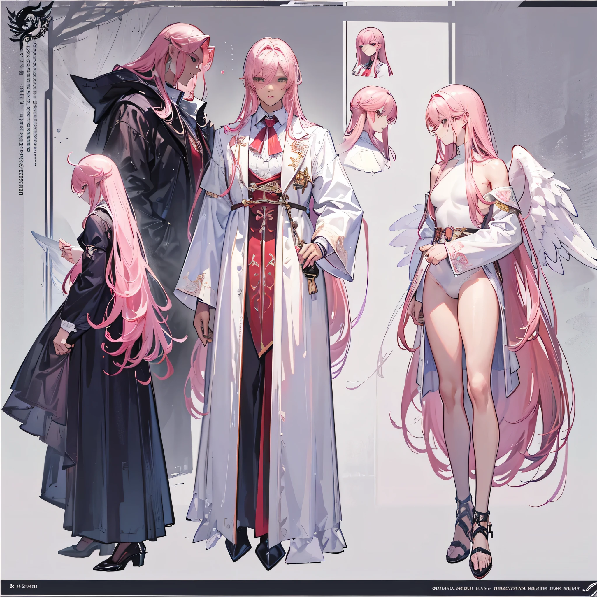 (Masterpiece, best quality), detailed, 1 man, ((character concept art)), ((character design sheet, same character, front, side, back)), full body, body complete, 1 Male angel, 1 Man angel, Detailed face, character design sheet,full bodyesbian, Highly detailed, character sheet, character design, Many parts, dark skin, angel wings, long pink hair, angel outfit, muscle male god, male clothes, masculine, muscle man, male muscle, manly, male angel, Muscle male with long pink hair,beautiful man, beautiful muscle man