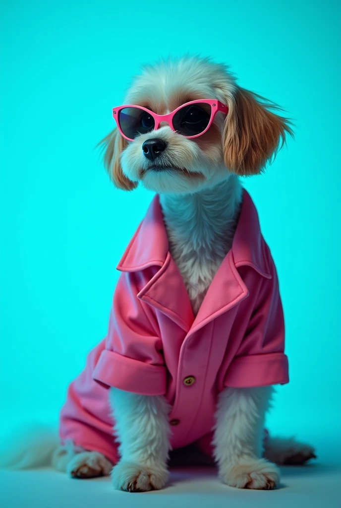 The best cell phone wallpaper, Award-Winning Wallpaper, portrait photography, In the front view is a portrait of a cute dog wearing mid-1960s space age fashion, Side view photo, Shot with Canon EOS R5, Set a strong contrast that accentuates the subject, Fluorescent blue tone, Wearing a very modern coat and sunglasses is a modern 1960s style, Clothes all in one color, beautiful background