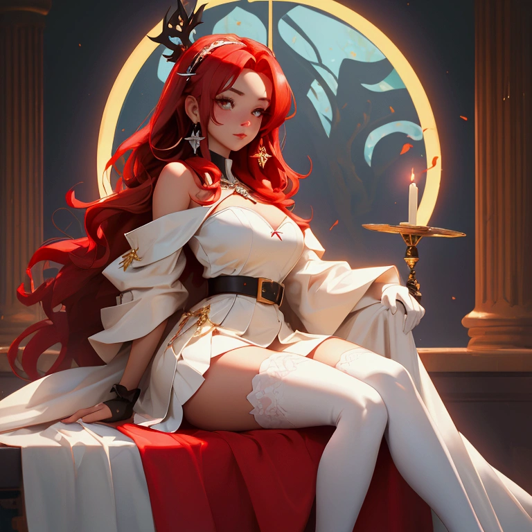envision a 8k, highres, cinematic, beautiful close up portrait of a girl named Elizabeth Rose Bloodflame with long red hair, ahoge, hair ornament, earrings, sleeveless dress, white dress, asymmetrical dress, see-through cleavage, white belt, white jacket, off-shoulder, blue fire, black gloves, single glove, white thighhighs, single thighhigh, against a dark background