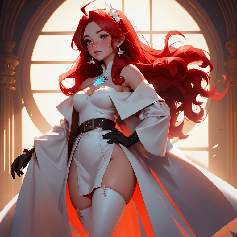 envision a 8k, highres, cinematic, beautiful close up portrait of a girl named Elizabeth Rose Bloodflame with long red hair, ahoge, hair ornament, earrings, sleeveless dress, white dress, asymmetrical dress, see-through cleavage, white belt, white jacket, off-shoulder, blue fire, black gloves, single glove, white thighhighs, single thighhigh, against a dark background