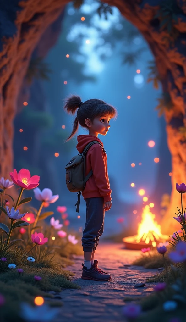 masterpiece, Highest quality, 4K,( Pixar Style :1.4), One person,(cute,good looking,Wear outdoor sportswear :0.7), 3d,whole body,Little,(Face close-up :1.2), (In the cave, At night, Surrounded by glowing plants, Flowers, Flying fireflies, Bonfire), (Super detailed, beautiful, beautiful composition, Vibrant colors, Volumetric soft light). Inspired by Alice in Wonderland, magic, fairy tale. Unreal Engine, Octane Rendering, cuteness render, 3dレンダリング, Adobe Photoshop, Awe-inspiring, beautiful, cute ,