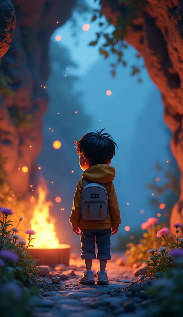 masterpiece, Highest quality, 4K,( Pixar Style :1.4), One person,(cute,good looking,Wear outdoor sportswear :0.7), 3d,whole body,Little,(Face close-up :1.2), (In the cave, At night, Surrounded by glowing plants, Flowers, Flying fireflies, Bonfire), (Super detailed, beautiful, beautiful composition, Vibrant colors, Volumetric soft light). Inspired by Alice in Wonderland, magic, fairy tale. Unreal Engine, Octane Rendering, cuteness render, 3dレンダリング, Adobe Photoshop, Awe-inspiring, beautiful, cute ,