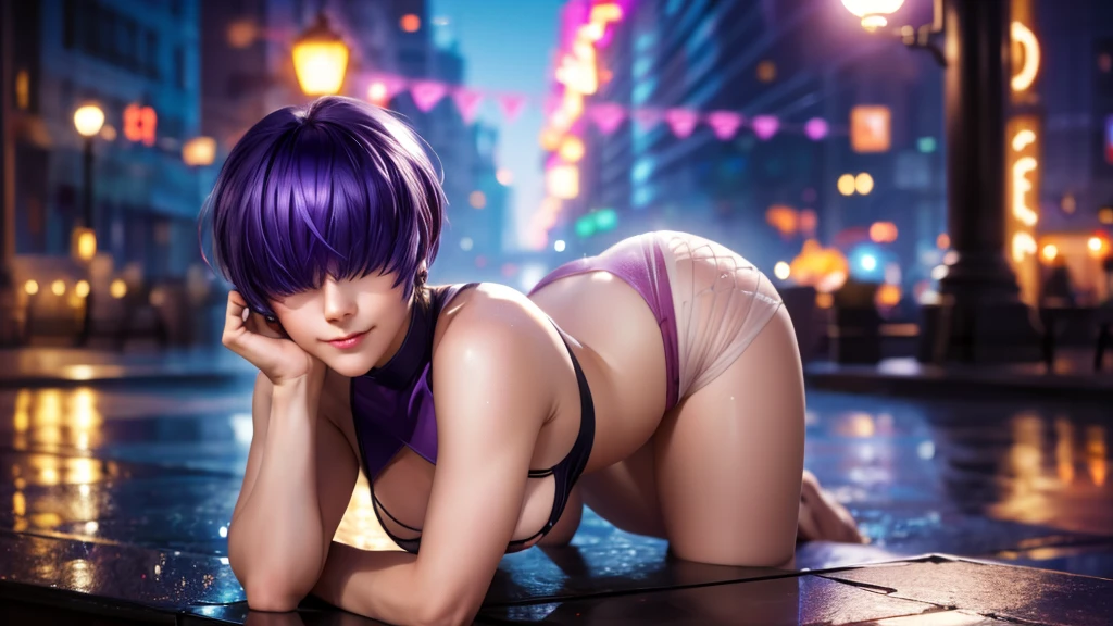 (at night), alone, in a video game scene a background of a beautiful city during the day raining, standing at attention, purple hair, ((purple hair)), 1 girl, alone, 20 years old, young woman, perfect hands , beautiful and perfect symmetrical fingers, beautiful long legs, perfect legs, beautiful body, beautiful nose, beautiful character design, perfect face, look at the viewer (focusing on the entire character), closed mouth, Light_Smile, official art, wallpaper Extremely detailed CG unity 8k, perfect lighting, bright and colorful front lighting, glowing skin (masterpiece: 1.0), (best quality: 1.0), ultra high resolution, 4K, ultra detailed photography, 8K, HDR, high resolution, nonsense: 1.2, Kodak portra 400, film grain, blurred background, bokeh: 1.2, lens flare, (vibrant_color: 1.2), professional photography, (beautiful_face: 1.5), (narrow waist),
