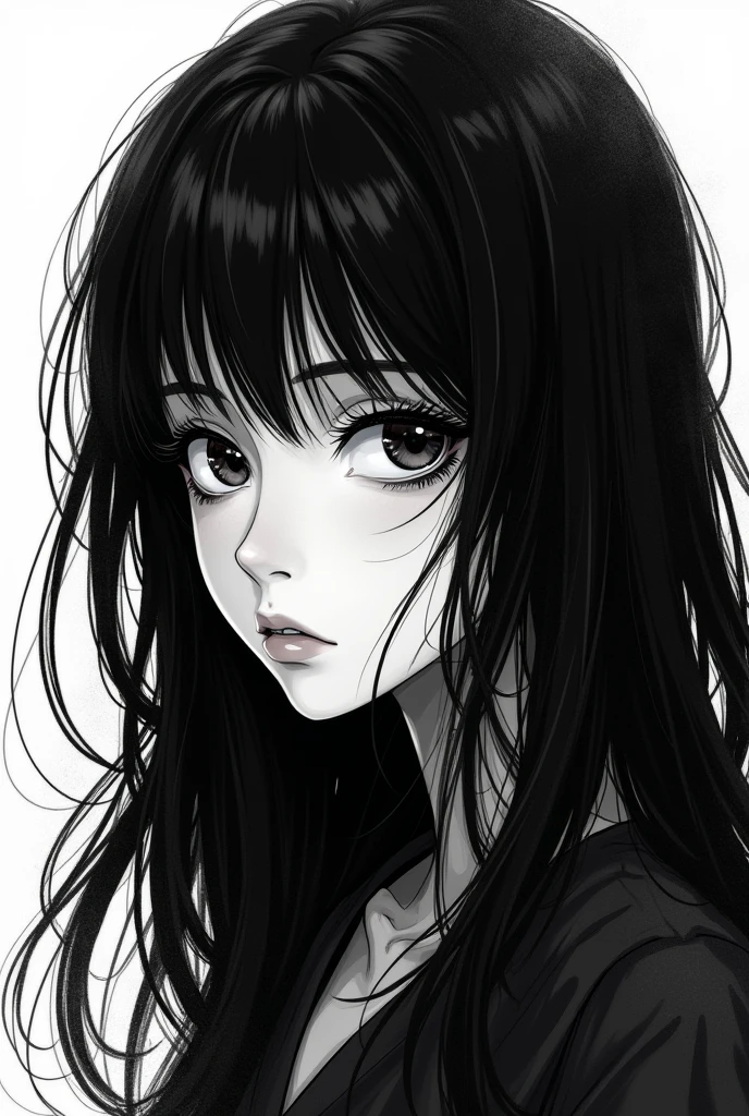 Black manga girl with long black hair manga black and white