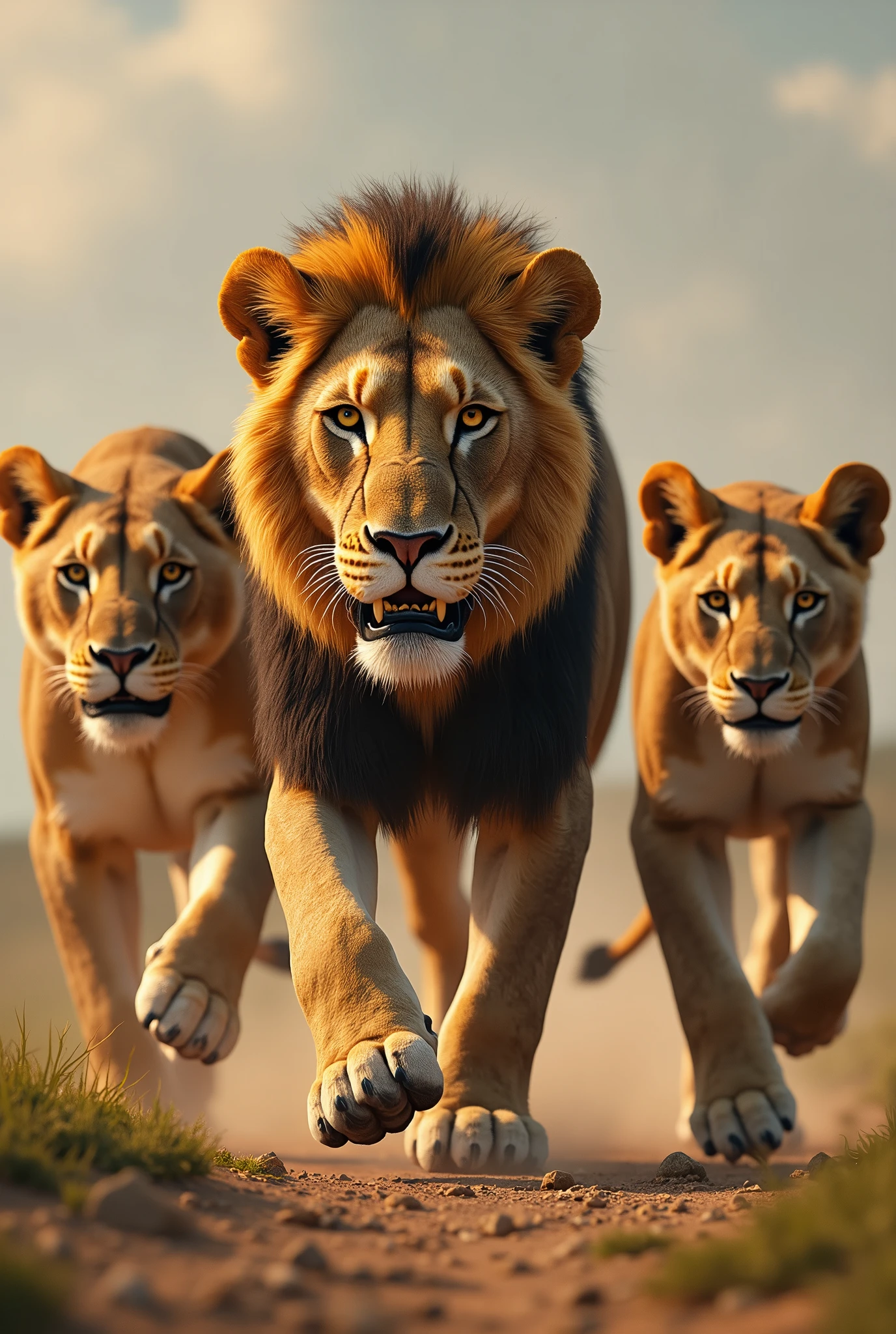 5 Lions walking: 3 adult lions, 1 young lion and 1 little lion. All with signs of minor injuries except the little lion.