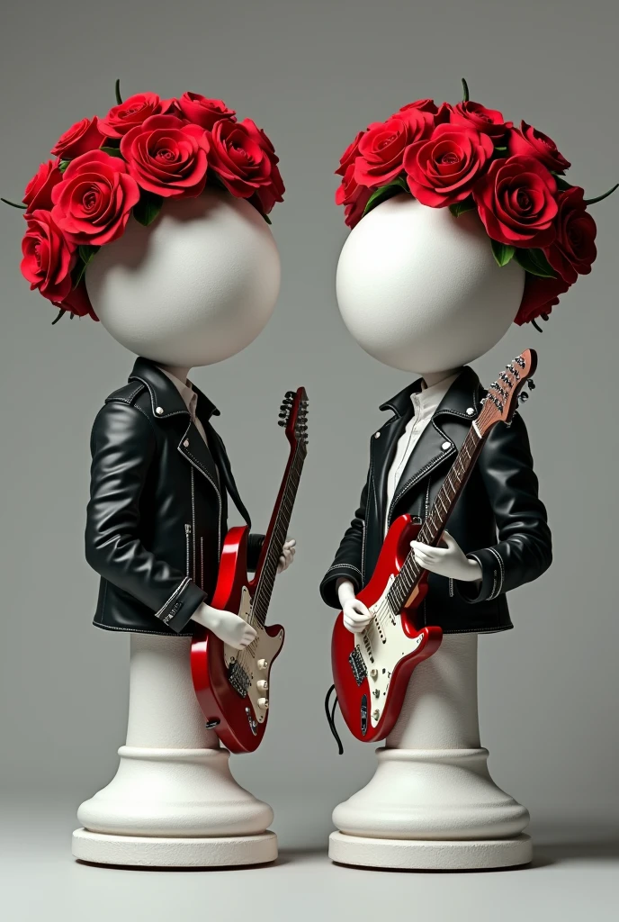 Create two characters that are chess pawns with a leather jacket and holding an electric guitar. The head should be spherical without eyes similar to a real chess pawn and not legs but like the base of a real chess pawn.. The base and the head and hands must be white.. Surround the characters with a crown of red roses like the logo of the band guns&#39;n roses