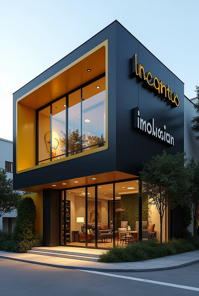 corner real estate property , with accessible facade and sidewalks , black and yellow color with Incantus Imobiliaria sign , black and yellow