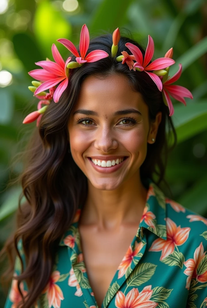 A Brazilian woman in a lush tropical garden, wearing a floral print shirt, with a close-up capturing the harmonious beauty of natural flowers, showing off your natural charm and outgoing personality.