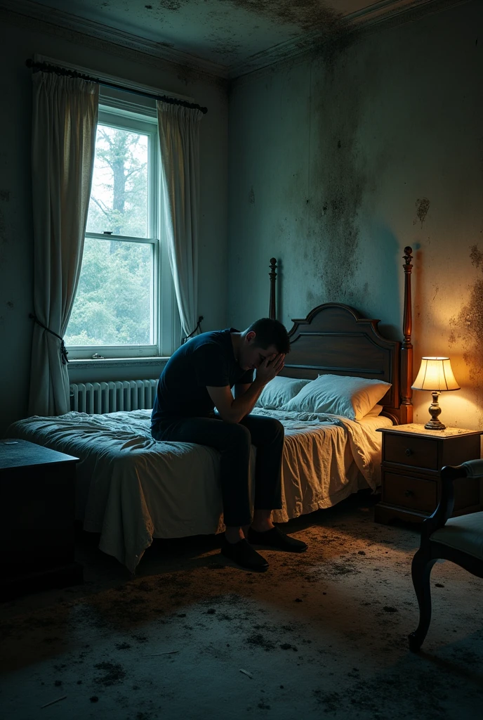 abandoned mansion, crying man sitting on a bed