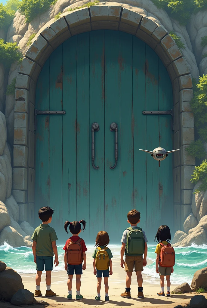 A group of 6 consisting of four boys and two girls and also a flying mini circular shaped robot standing in front of a big ancient door on an island