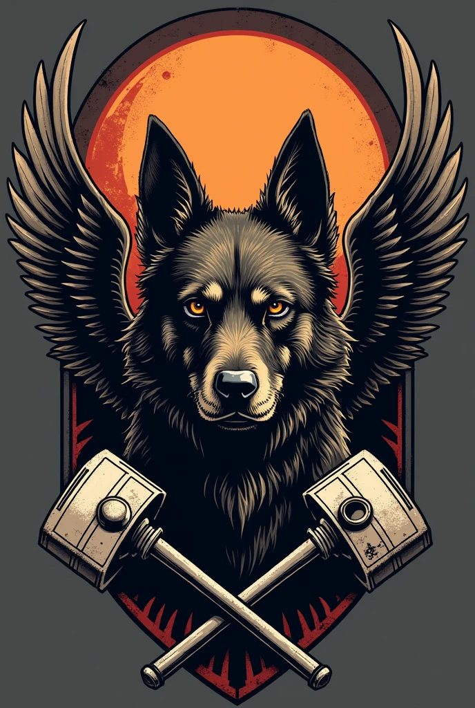 Make a coat of arms for a motorcycle club with an angry mongrel dog in the middle with a scar over its right eye, small wings coming out from behind it and two crossed pistons