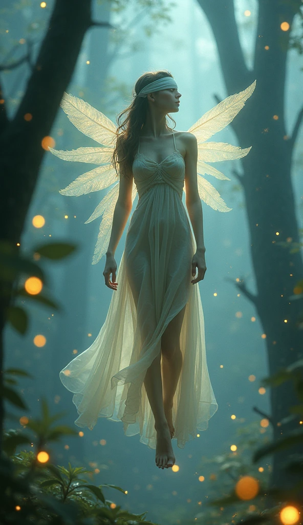 masterpiece, 1 Fairy, Flying fairy girl, Perfect Face, Light, Glass Tree Forest, Dramatic lighting, Blindfold, Super detailed, floating glow Lights, Depth of written boundary, (Shining Dust)