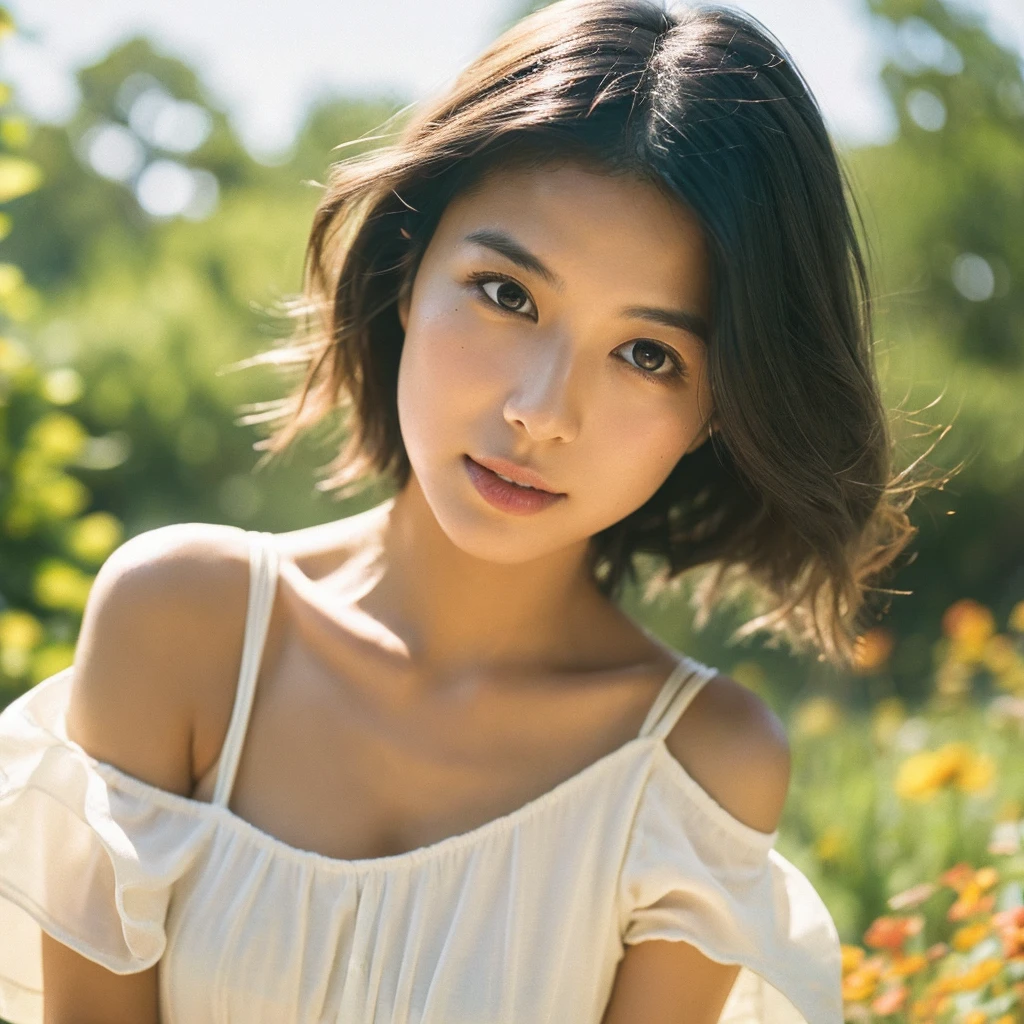 A hyper-realistic close-up image of a single Japanese woman in her early 20s, captured with the nostalgic warmth and subtle graininess of a film camera, focusing on her face and shoulders. Her skin has a warm beige tone with a natural, slightly rough texture that includes visible pores, fine lines, and subtle imperfections such as small blemishes, adding to the authenticity of her appearance. The soft, diffused natural light typical of a sunny summer day casts gentle, warm shadows on her face, enhancing the film-like quality while maintaining the realistic texture of her skin. Her straight, glossy black hair is slightly tousled by a gentle summer breeze, framing her face naturally. She is wearing a light, summery outfit, perhaps with straps visible at the shoulders, that complements her natural beauty and suits the warm weather. The film camera effect introduces a slight grain and a softer focus, giving the image a warm, nostalgic atmosphere while preserving the realism of her skin and features. The overall composition captures the serene and effortless elegance of a summer day, with the focus on the realistic texture of her skin and the timeless quality of the film camera aesthetic.