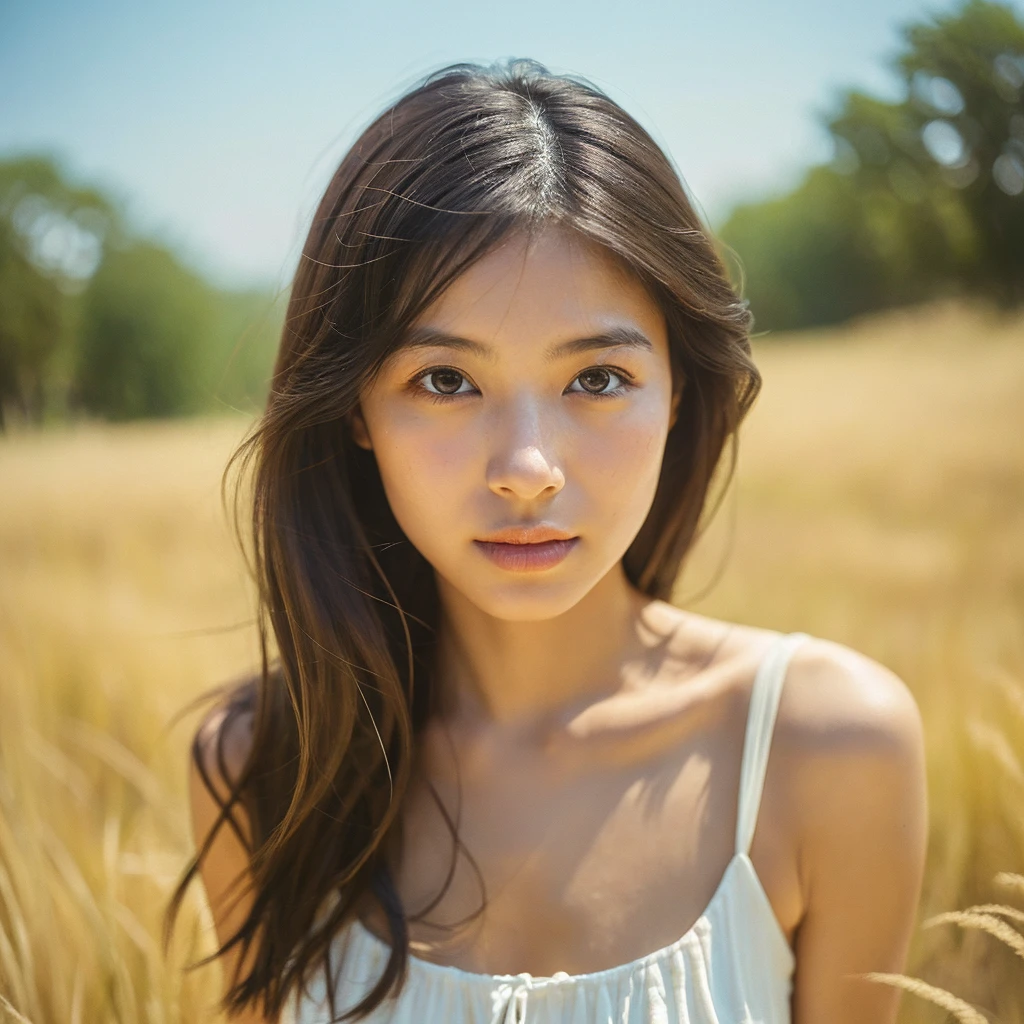A hyper-realistic close-up image of a single Japanese woman in her early 20s, captured with the nostalgic warmth and subtle graininess of a film camera, focusing on her face and shoulders. Her skin has a warm beige tone with a natural, slightly rough texture that includes visible pores, fine lines, and subtle imperfections such as small blemishes, adding to the authenticity of her appearance. The soft, diffused natural light typical of a sunny summer day casts gentle, warm shadows on her face, enhancing the film-like quality while maintaining the realistic texture of her skin. Her straight, glossy black hair is slightly tousled by a gentle summer breeze, framing her face naturally. She is wearing a light, summery outfit, perhaps with straps visible at the shoulders, that complements her natural beauty and suits the warm weather. The film camera effect introduces a slight grain and a softer focus, giving the image a warm, nostalgic atmosphere while preserving the realism of her skin and features. The overall composition captures the serene and effortless elegance of a summer day, with the focus on the realistic texture of her skin and the timeless quality of the film camera aesthetic.
