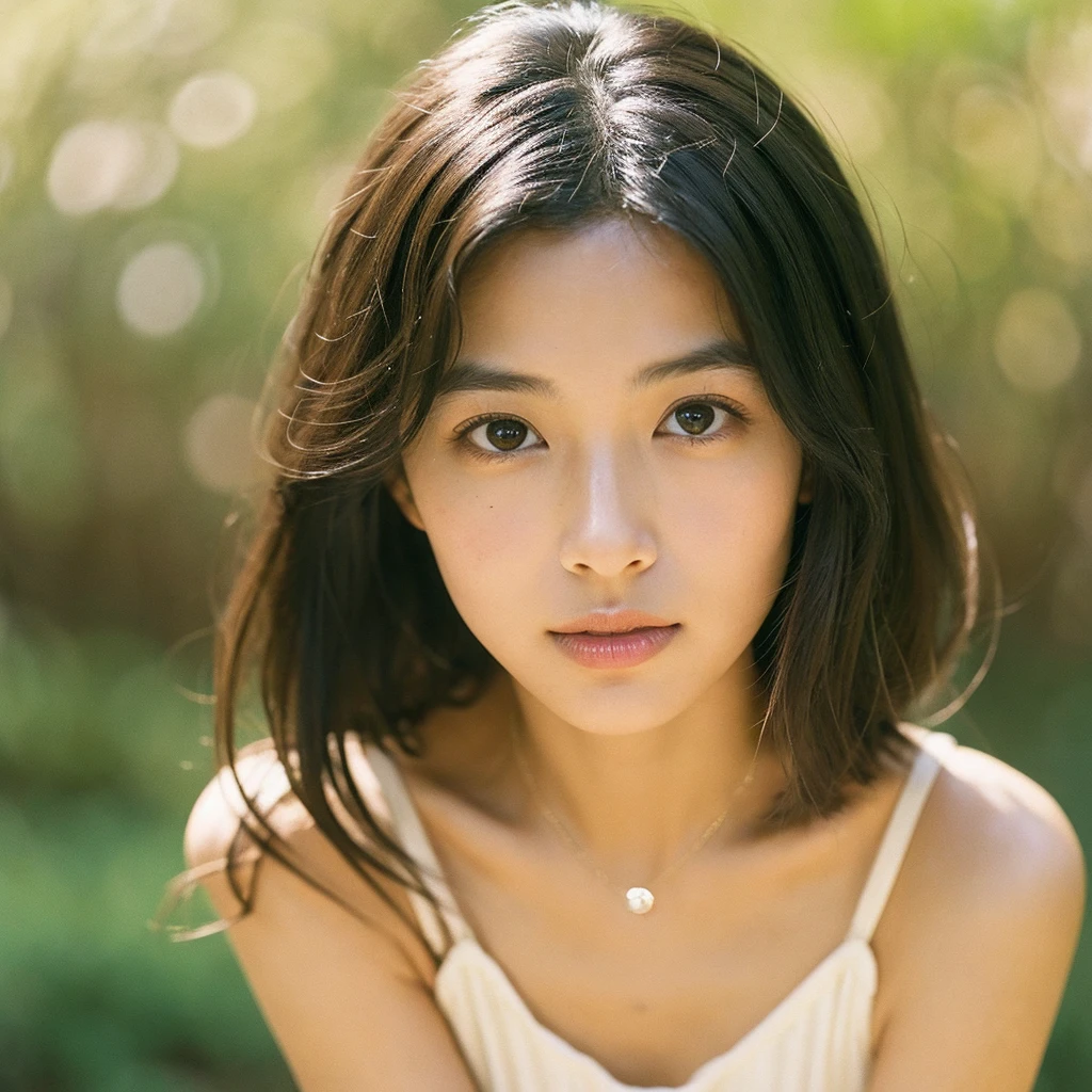 A hyper-realistic close-up image of a single Japanese woman in her early 20s, captured with the nostalgic warmth and subtle graininess of a film camera, focusing on her face and shoulders. Her skin has a warm beige tone with a natural, slightly rough texture that includes visible pores, fine lines, and subtle imperfections such as small blemishes, adding to the authenticity of her appearance. The soft, diffused natural light typical of a sunny summer day casts gentle, warm shadows on her face, enhancing the film-like quality while maintaining the realistic texture of her skin. Her straight, glossy black hair is slightly tousled by a gentle summer breeze, framing her face naturally. She is wearing a light, summery outfit, perhaps with straps visible at the shoulders, that complements her natural beauty and suits the warm weather. The film camera effect introduces a slight grain and a softer focus, giving the image a warm, nostalgic atmosphere while preserving the realism of her skin and features. The overall composition captures the serene and effortless elegance of a summer day, with the focus on the realistic texture of her skin and the timeless quality of the film camera aesthetic.