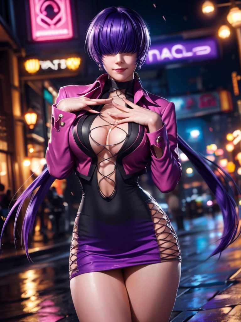 (at night), alone, in a video game scene a background of a beautiful city during the day raining, standing at attention, purple hair, ((purple hair)), 1 girl, alone, 20 years old, young woman, perfect hands and beautiful with perfect fingers, beautiful long legs, perfect legs, beautiful body, beautiful nose, beautiful character design, perfect face, look at the viewer (focusing on the entire character), closed mouth, Light_Smile, official art, CG wallpaper unity 8k extremely detailed, perfect lighting, bright and colorful front lighting, glowing skin (masterpiece: 1.0), (best quality: 1.0), ultra high resolution, 4K, ultra detailed photography, 8K, HDR, high resolution, nonsense: 1.2 , Kodak portra 400, film grain, blurred background, bokeh: 1.2, lens flare, (vibrant_color: 1.2), professional photography, (beautiful_face: 1.5), (narrow waist),
