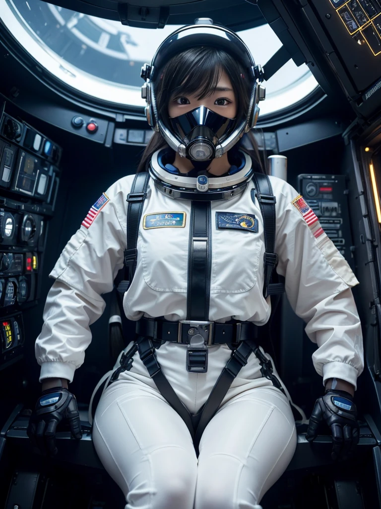 masterpiece, Highest quality, Very detailed, Japanese Android girl, Beautiful 2 Japanese woman, Plump,Slightly thicker,Control panel,Android,cyborg,Blunt bangs,Sitting in the cockpit of a spaceship and piloting it,astronaut,Thick harness belt,Full-face helmet,Gas mask with regulator,