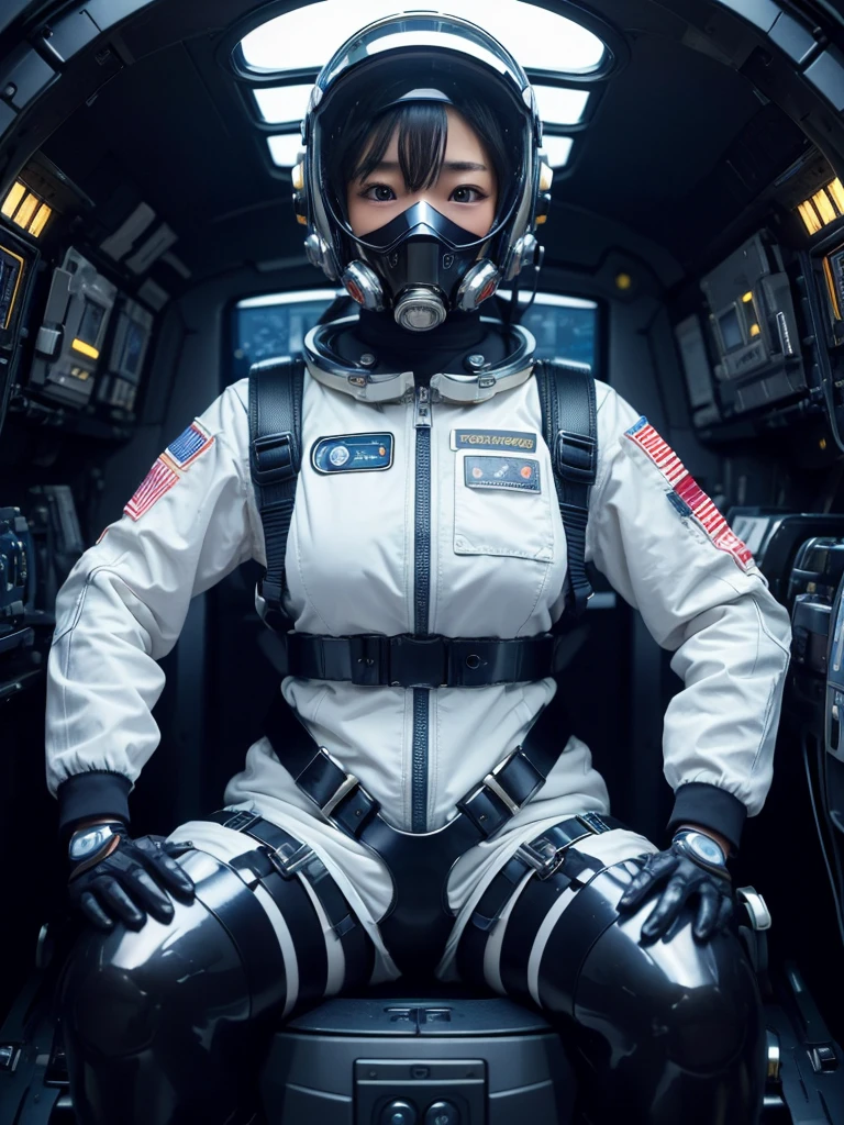masterpiece, Highest quality, Very detailed, Japanese Android girl, Beautiful 2 Japanese woman, Plump,Slightly thicker,Control panel,Android,cyborg,Blunt bangs,Sitting in the cockpit of a spaceship and piloting it,astronaut,Thick harness belt,Full-face helmet,Gas mask with regulator,