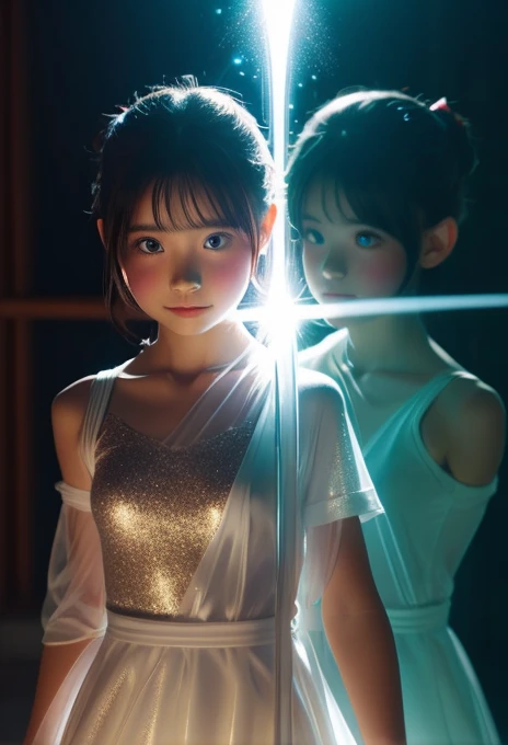 A magical girl appears from the light、Transformation effect、Thin, see-through clothing、Wide-angle shot, Sparkle Effect, Concept Art, reflected light, 