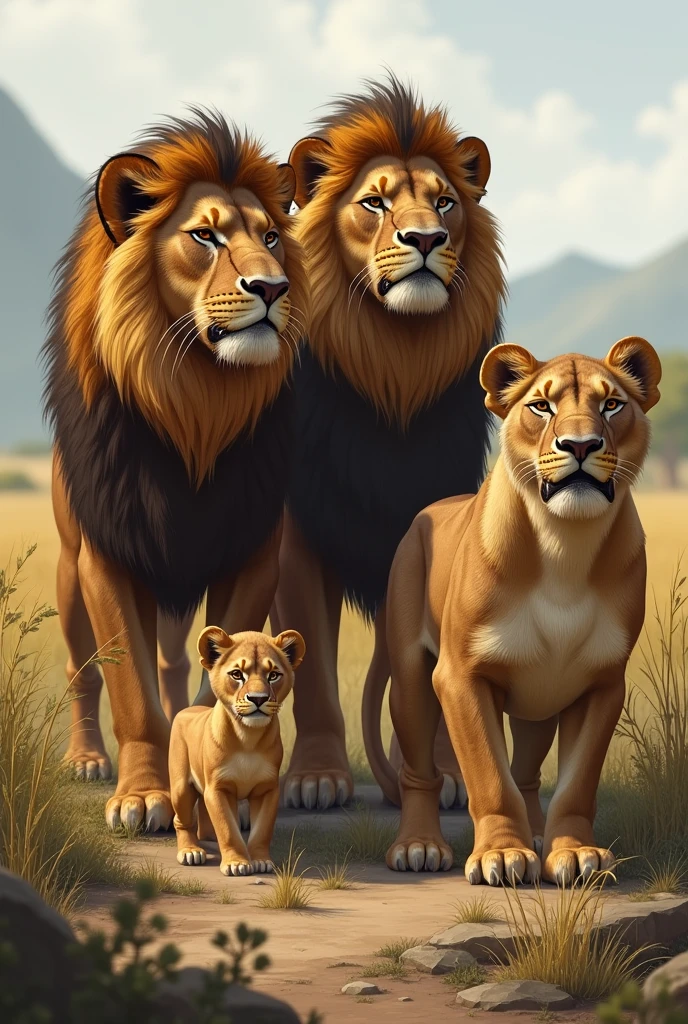 3 adult lions, 1 young lion and 1 little lion. All with signs of minor injuries except the little lion.