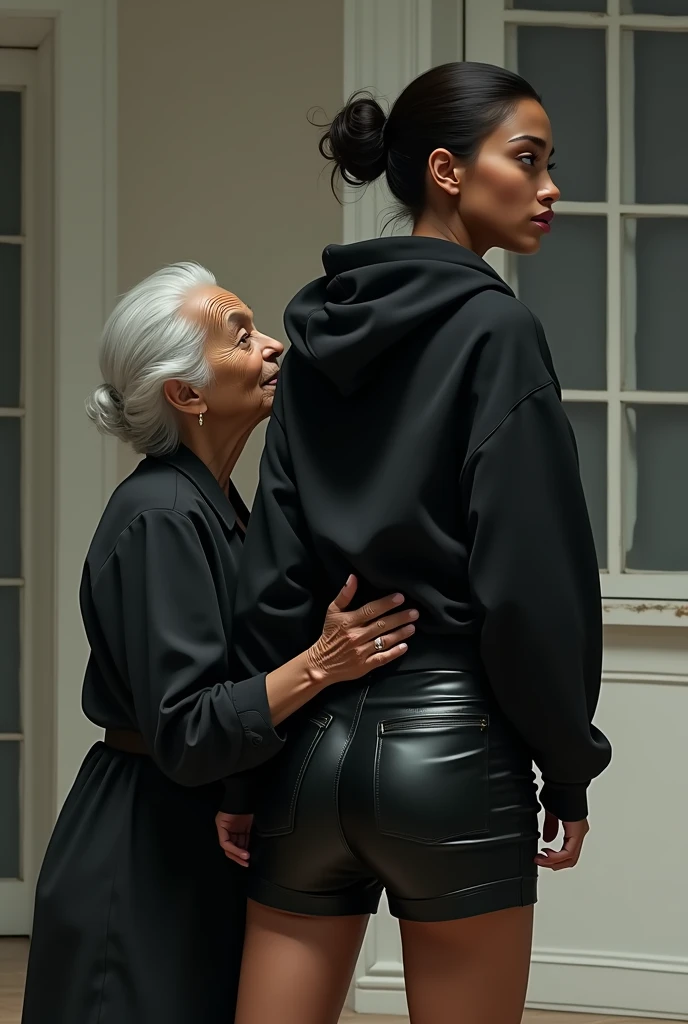 black woman hair in a bun black hoodie black leather short shorts rea;;y in shock as a old grandma in a dress on her knees kissing her ass behind her hand is in her ass holding her ass
