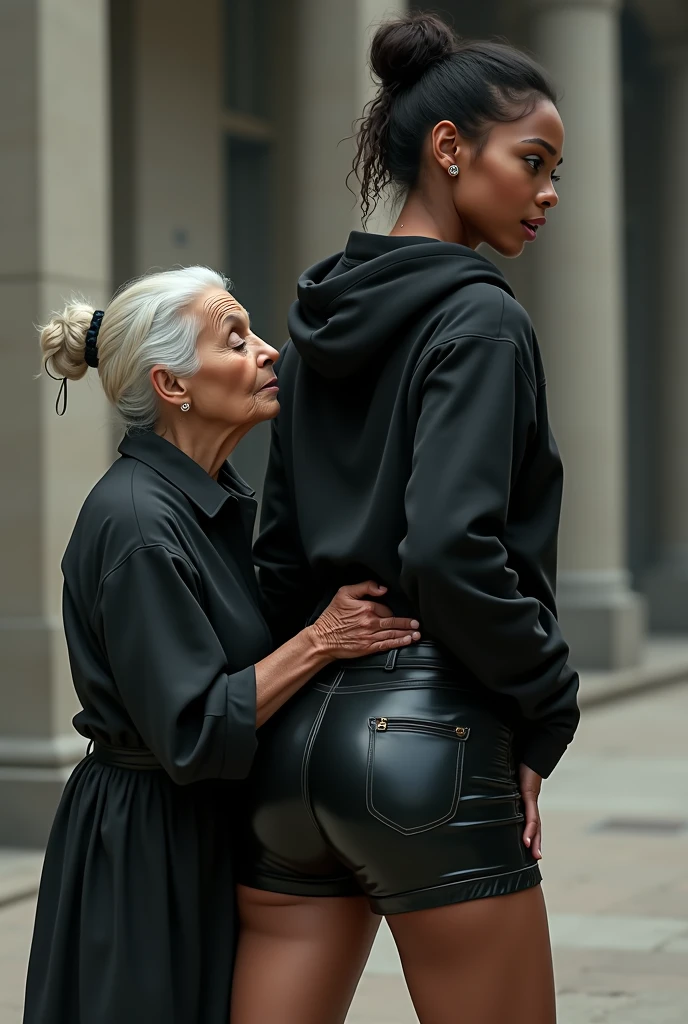 black woman hair in a bun black hoodie black leather short shorts rea;;y in shock as a old grandma in a dress on her knees kissing her ass behind her hand is in her ass holding her ass
