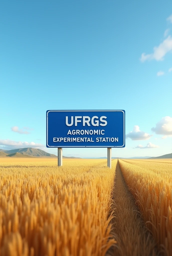 please I need an image with: a wheat field in the background, with a blue highway sign with white letters, written in Brazilian Portuguese UFRGS Agronomic Experimental Station