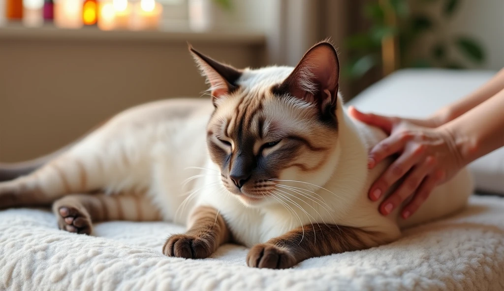 A highly detailed, realistic image of a senior Siamese cat being massaged by a skilled hand. The cat is lying on a soft, padded surface, its eyes half-closed in relaxation. The setting is a tranquil room with calming colors and a few wellness items, like essential oils, in the background, photorealista, 8K, (melhor qualidade,4K,8K,alta resolução.