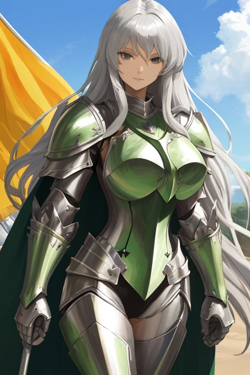 Knight, woman, long silver hair, thighs, green armor, proud face, dignified presence, sun, shining sky, large flag fluttering