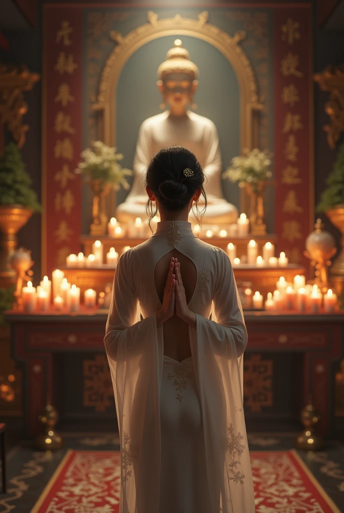 Asian girl wearing traditional ao dai clasping hands to pray to Buddha