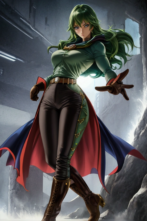 ((artwork, best quality)), ultra detailed,anime styler,1girl,rpg art,fullbody,mature woman,muscular body,bright light skin, adventurer clothes, black boots, brown pants, brown gloves, cape, green hair, blue eyes, serious face,gray shirt,
