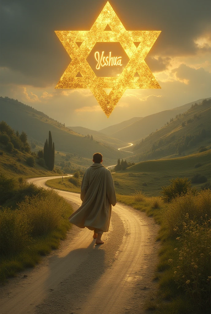 A person walking down a road backwards (not very big image) the star of david (can be golden)com o nome yeshua(can be big)