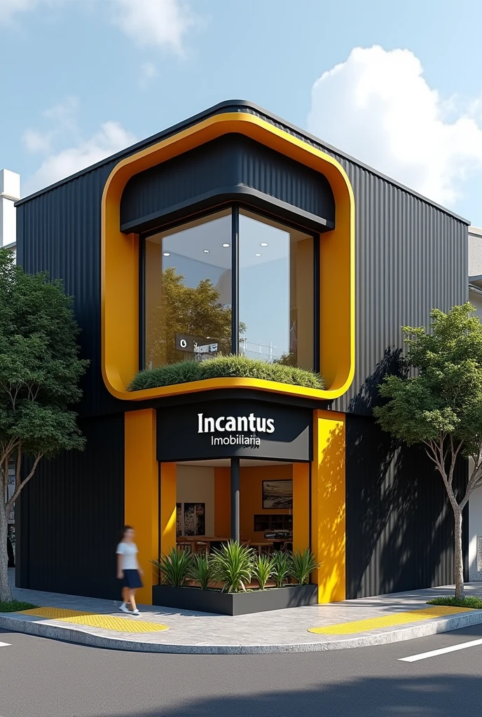 corner real estate property , with accessible facade and sidewalks , black and yellow color with modern sign Incantus Imobiliaria , black and yellow