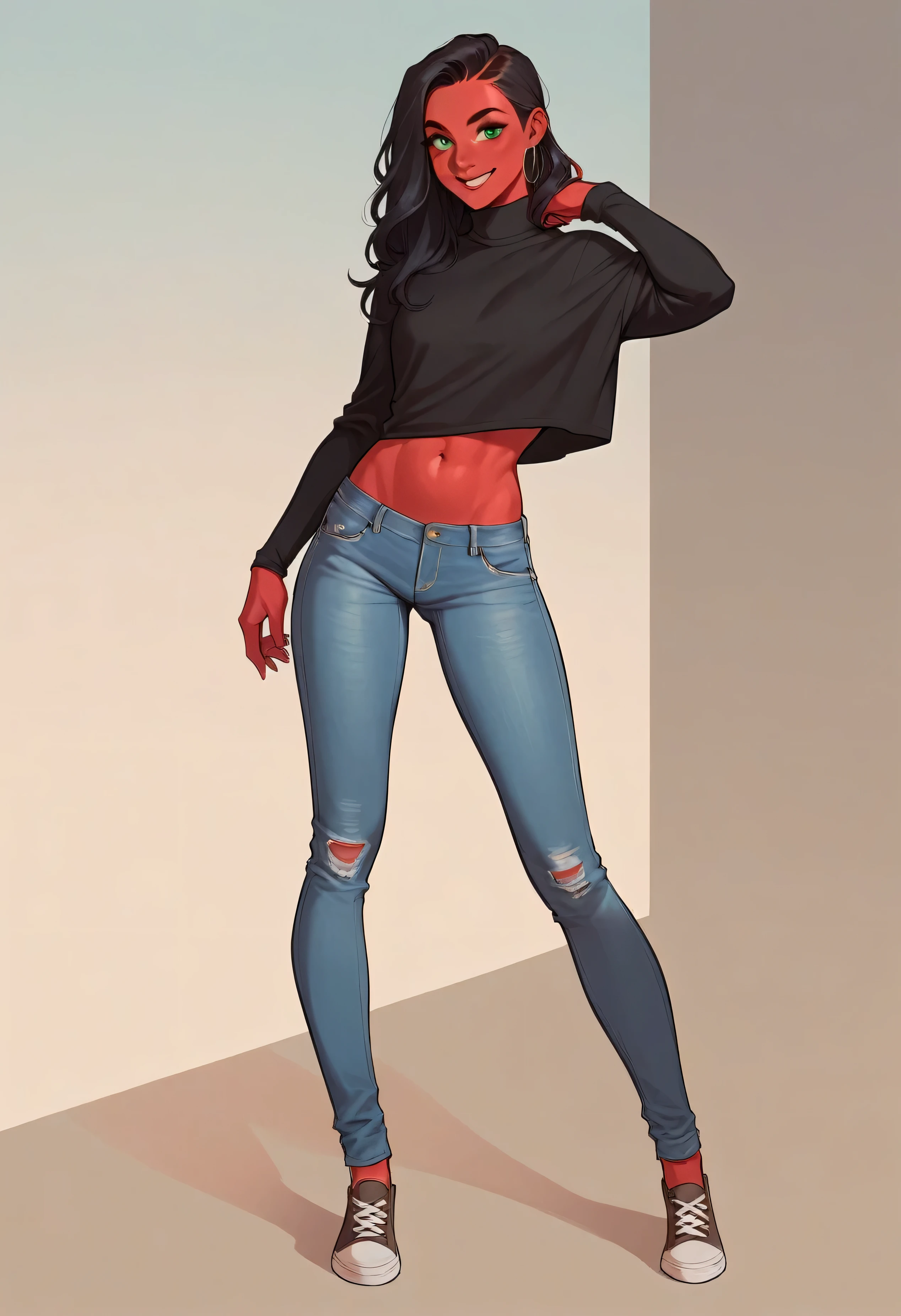 a young red woman(26 yo,she enjoys) named Rinalia Clareta in a comic realist style. She has long black hair, emerald green eyes, and a smiling, ambitious expression. She has a vivid red skin tone(athletic body ,long legs)she is wearing a tight black sweater and skinny jeans