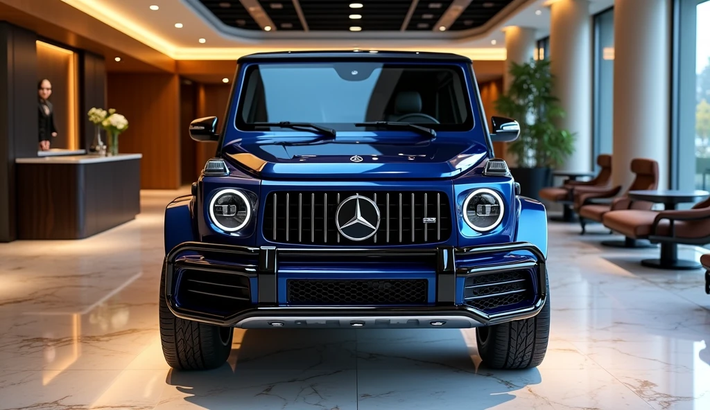 A front view of the luxurious New 2025 Mercedes-Benz Baby G-class in a sleek blue color, prominently displayed in an upscale showroom. The vehicle's iconic front grille, bold headlights, and angular design exude a sense of power and sophistication. The deep blue finish adds a layer of elegance, highlighting the Baby G-class’s refined yet rugged character. The showroom is designed with opulent elements such as polished marble floors, expansive glass walls, and stylish decor. Refined lighting illuminates the vehicle’s premium features, making the Mercedes-Benz Baby G-class the centerpiece of this luxurious environment.
