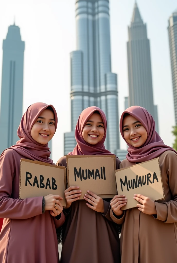 Three hijab girl of 18 year, smiling and holding a cardboard, standing near the Burch khalif, write name Rabab, Humaira and Munaura on their cardboards