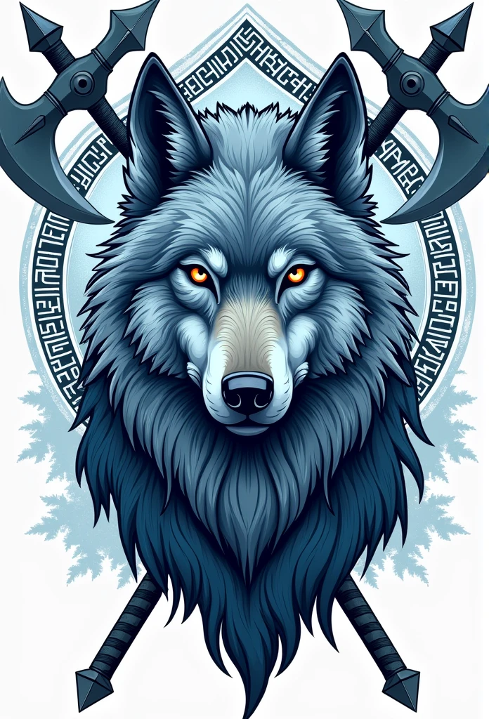 Design of a Nordic wolf, inspired by Viking mythology, with intricate details of ancient runes surrounding it. The wolf should have a fierce and majestic appearance, with glowing eyes symbolizing wisdom and strength. Include elements such as crossed Viking axes, shields, and tribal geometric patterns. The style of the drawing should be detailed, with rustic lines and a touch of ancient art, in a cool color palette of blue and silver, ideal for a t-shirt print.
